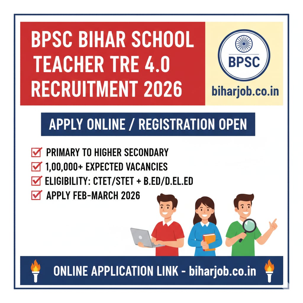 You are currently viewing BPSC Bihar Teacher TRE 4.0 Recruitment 2026: बिहार शिक्षक भर्ती TRE 4.0 के लिए आवेदन शुरू, यहाँ देखें पूरी जानकारी