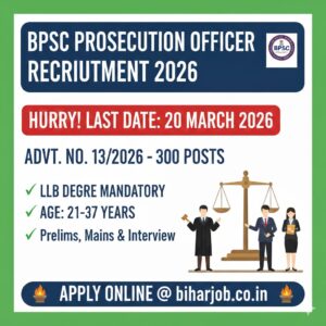 Read more about the article BPSC Prosecution Officer Recruitment 2026: बिहार में प्रॉसीक्यूशन ऑफिसर के 300 पदों पर भर्ती, यहाँ से करें आवेदन