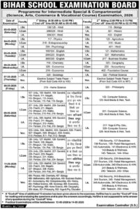 Bihar Board Intermediate Special  & Compartmental Exam Program (Exam Routine) 2026@biharjob.co.in