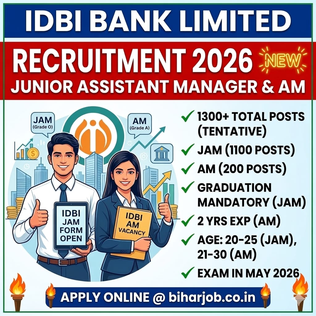 You are currently viewing IDBI Bank Junior Assistant Manager & AM Recruitment 2026: 1300 Vacancy Apply Online