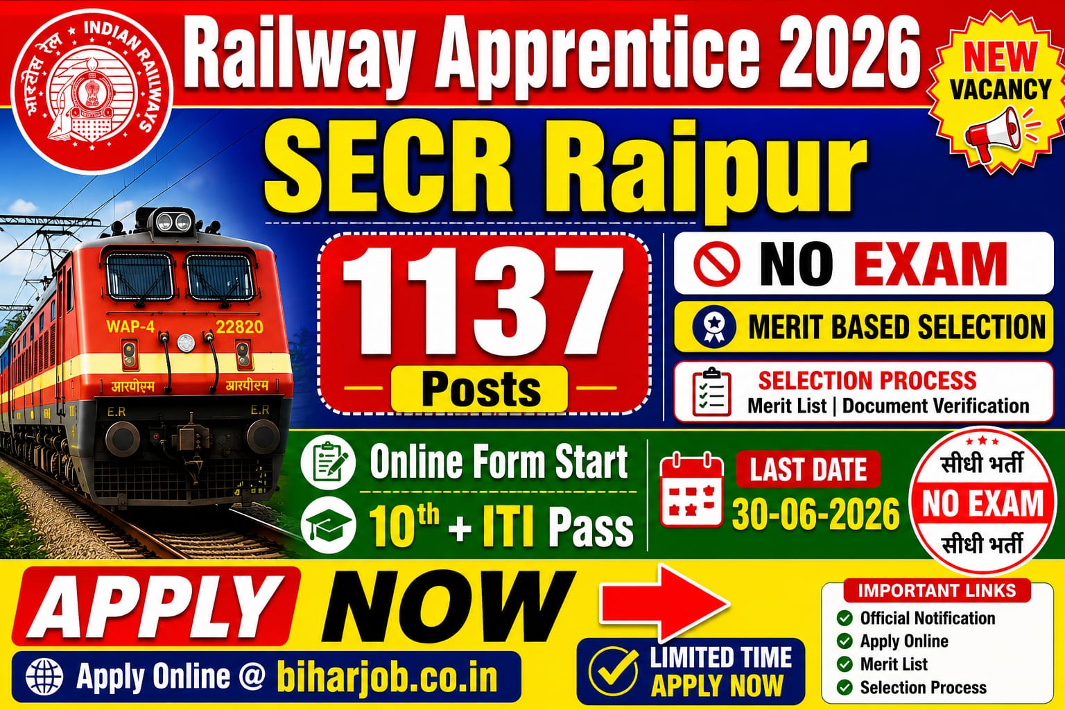 You are currently viewing Railway SECR Raipur Apprentice Recruitment 2026 Online Form for 1137 Posts,No Exam