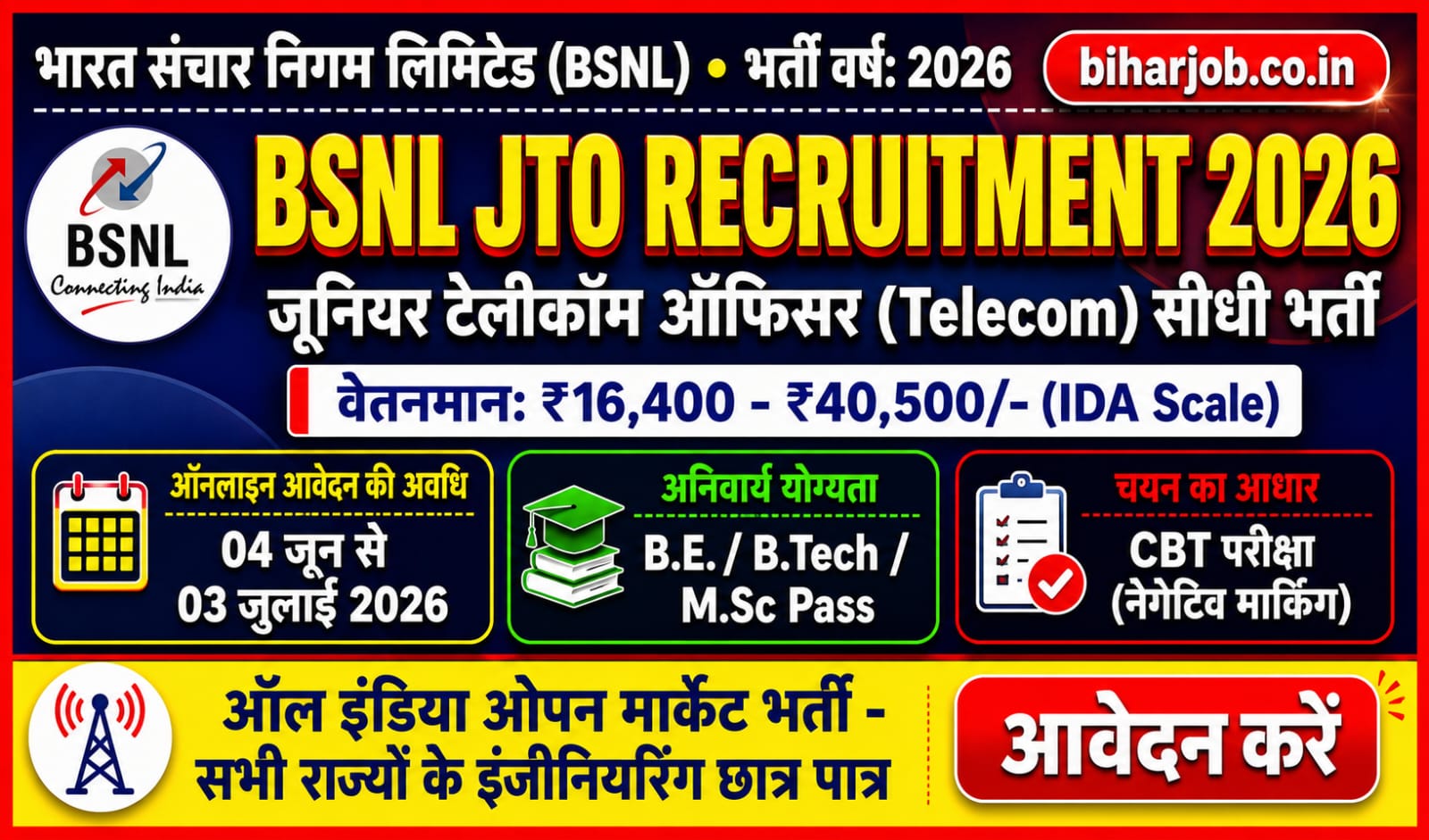 You are currently viewing BSNL JTO Recruitment 2026: भारत संचार निगम लिमिटेड में JTO पदों पर सीधी भर्ती शुरू, यहाँ से भरें फॉर्म