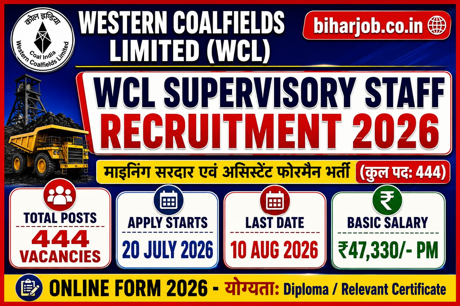 You are currently viewing WCL Recruitment 2026: Apply Online for 444 Mining Sirdar & Assistant Foreman Posts